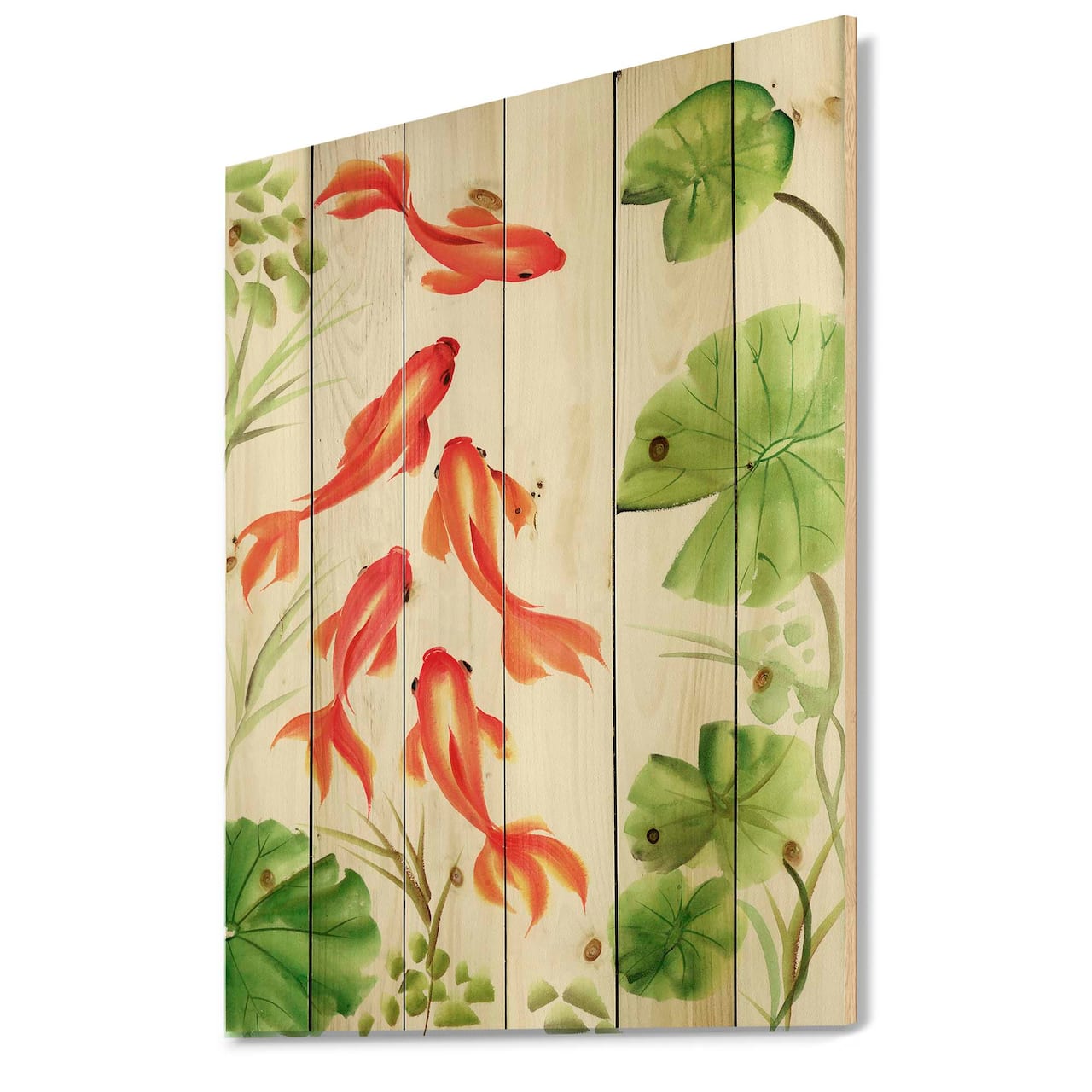 Designart - Vintage Goldfishes Among The Lotus Leaves - Nautical & Coastal Print on Natural Pine Wood